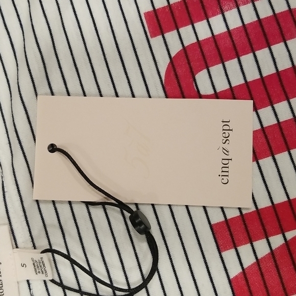 💕CINQ A SEPT💕 Boatneck Striped Graphic Tee ~ BONJOUR Black & White Small S NWT - Picture 8 of 10